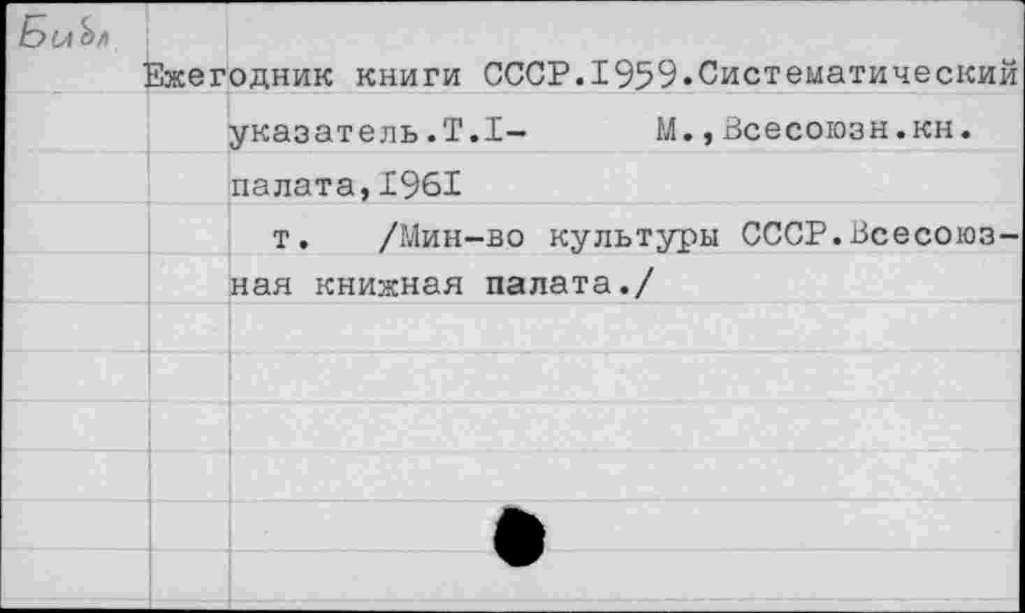 ﻿Ежегодник книги СССР.1959.Систематический указатель.Т.1- М.,Всесоюзн.кн. палата,1961
т. /Мин-во культуры СССР.Всесоюзная книжная палата./